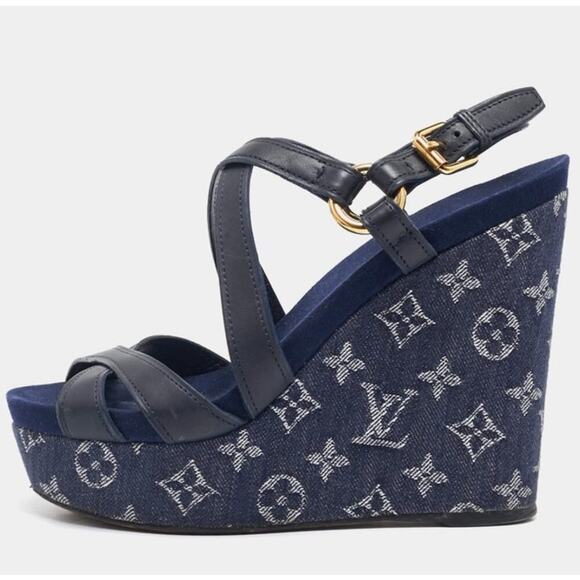 Louis Vuitton Navy Blue Leather and Monogram Denim Ocean Wedge Sandals Size 38.5 - Picture 2 of 7